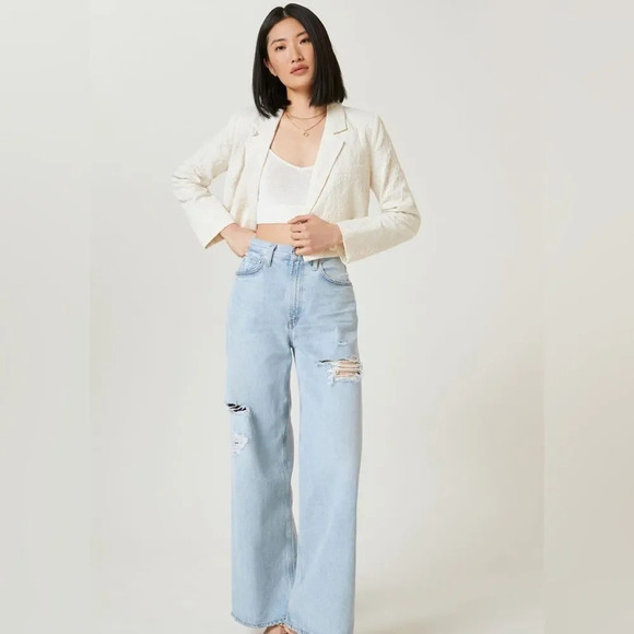 CURRENT AIR by ANTHROPOLOGIE Cropped Jacquard Blazer in Light Sand - Picture 3 of 10